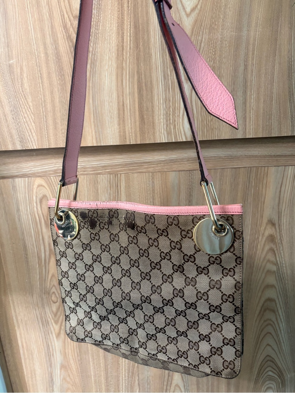 Authentic Gucci Monogram Shoulder Bag Pink leather Trim small